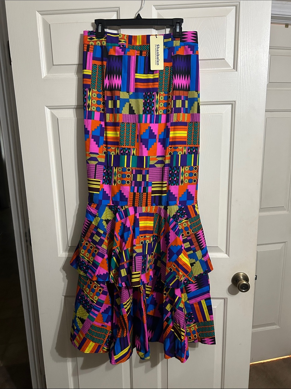 Multicolor Geometric Ruffle-Hem Maxi Skirt